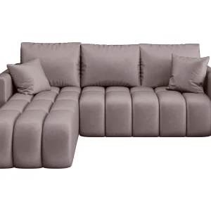 Hoekbank GARDA links donkerroze velours Monolith 62 – slaapfunctie, bedkist