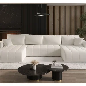 Hoekbank LARA U-vorm wit gebreid Wind 2 – slaapfunctie, bedkist