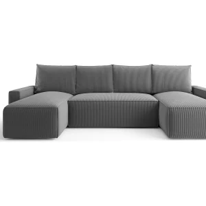 Hoekbank HAVANA U-vorm donkergrijs ribfluweel Poso 60 – slaapfunctie, bedkist