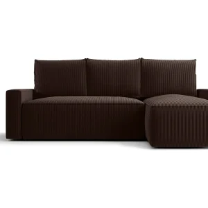 Hoekbank HAVANA rechts bruin ribfluweel Poso 6 – slaapfunctie, bedkist