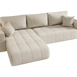 Hoekbank LARA links beige velours Monolith 2 – slaapfunctie, bedkist Hoekbank LARA links beige velours Monolith 2 – slaapfunctie, bedkist