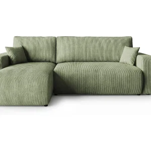 Hoekbank PARIS links lichtgroen ribfluweel Poso 47 – slaapfunctie, bedkist Hoekbank PARIS links lichtgroen ribfluweel Poso 47 – slaapfunctie, bedkist