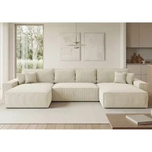 Hoekbank CALIFORNIA U-vorm wit ribfluweel POSO 100 – slaapfunctie, bedkist Hoekbank CALIFORNIA U-vorm wit ribfluweel POSO 100 – slaapfunctie, bedkist