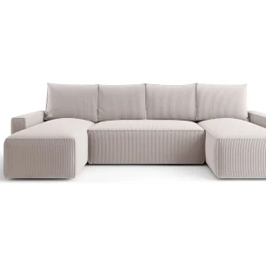 Hoekbank HAVANA U-vorm wit ribfluweel Poso 100 – slaapfunctie, bedkist