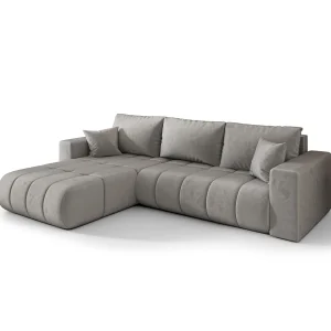Hoekbank LARA PREMIUM links lichtgrijs velours Monolith 84 – slaapfunctie, bedkist