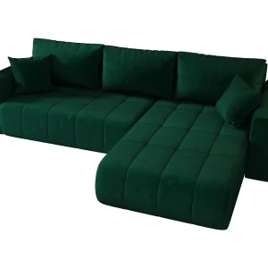 Hoekbank LARA rechts groen velours Monolith 37 – slaapfunctie, bedkist