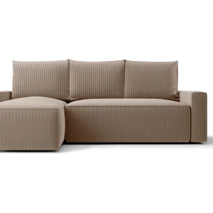 Hoekbank HAVANA links lichtbruin ribfluweel Poso 2 – slaapfunctie, bedkist