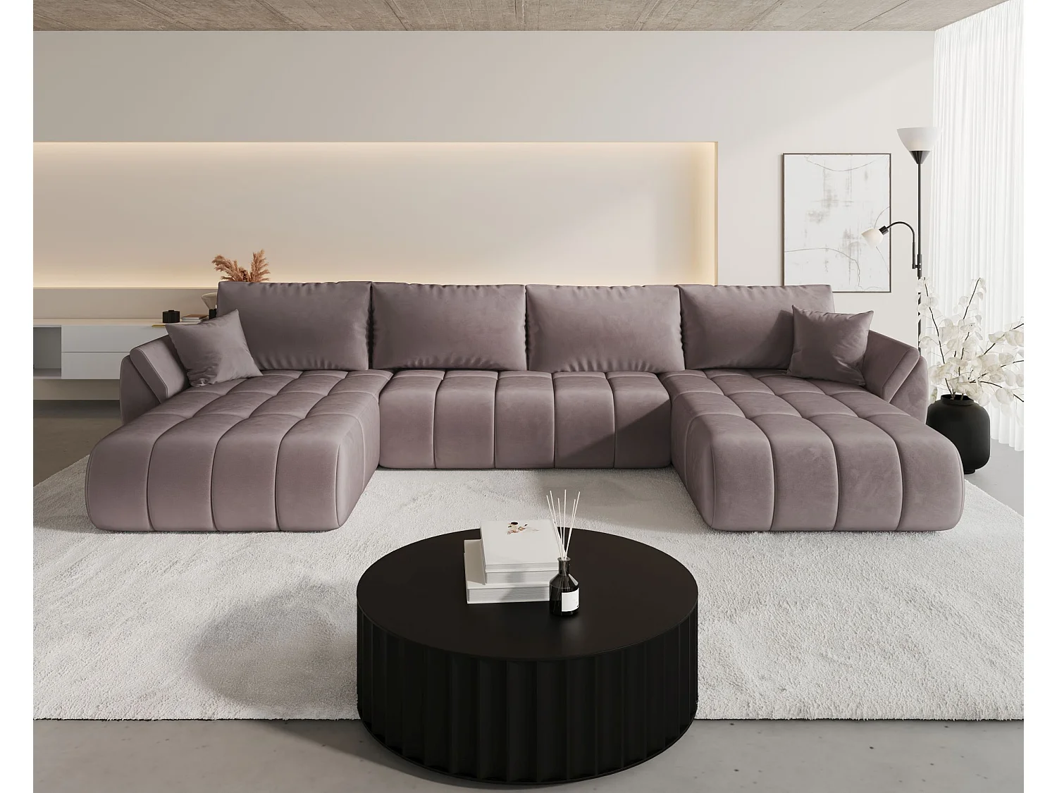 Hoekbank SYDNEY PREMIUM U-vorm donkerroze velours Monolith 62 - slaapfunctie, bedkist