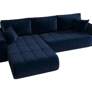 Hoekbank LARA links donkerblauw velours Monolith 77 – slaapfunctie, bedkist Hoekbank LARA links donkerblauw velours Monolith 77 – slaapfunctie, bedkist
