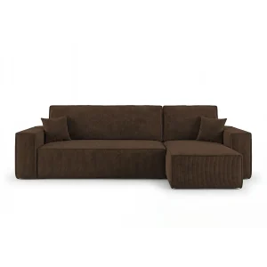 Hoekbank CALIFORNIA MINI rechts bruin ribfluweel Poso 6 – slaapfunctie, bedkist