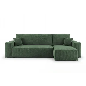 Hoekbank CALIFORNIA MINI rechts groen ribfluweel Poso 14 – slaapfunctie, bedkist