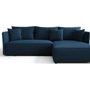 Hoekbank MILANO rechts donkerblauw ribfluweel Poso 5 – slaapfunctie, bedkist Hoekbank MILANO rechts donkerblauw ribfluweel Poso 5 – slaapfunctie, bedkist