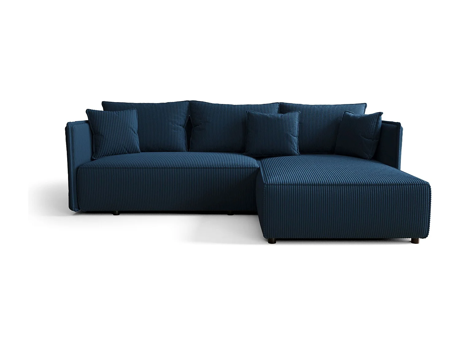 Hoekbank MILANO rechts donkerblauw ribfluweel Poso 5 - slaapfunctie, bedkist
