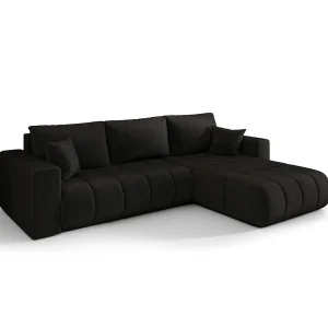 Hoekbank LARA PREMIUM rechts zwart velours Monolith 97 – slaapfunctie, bedkist