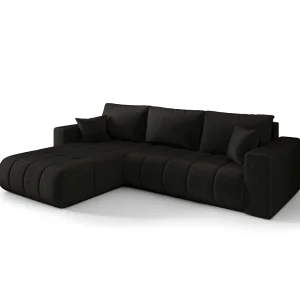 Hoekbank LARA PREMIUM links zwart velours Monolith 97 – slaapfunctie, bedkist