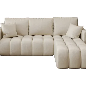 Hoekbank GARDA rechts beige velours Monolith 2 – slaapfunctie, bedkist