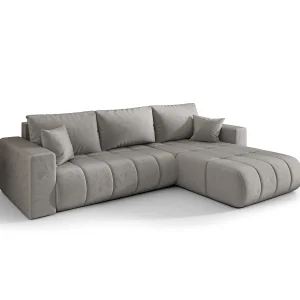 Hoekbank LARA PREMIUM rechts lichtgrijs velours Monolith 84 – slaapfunctie, bedkist