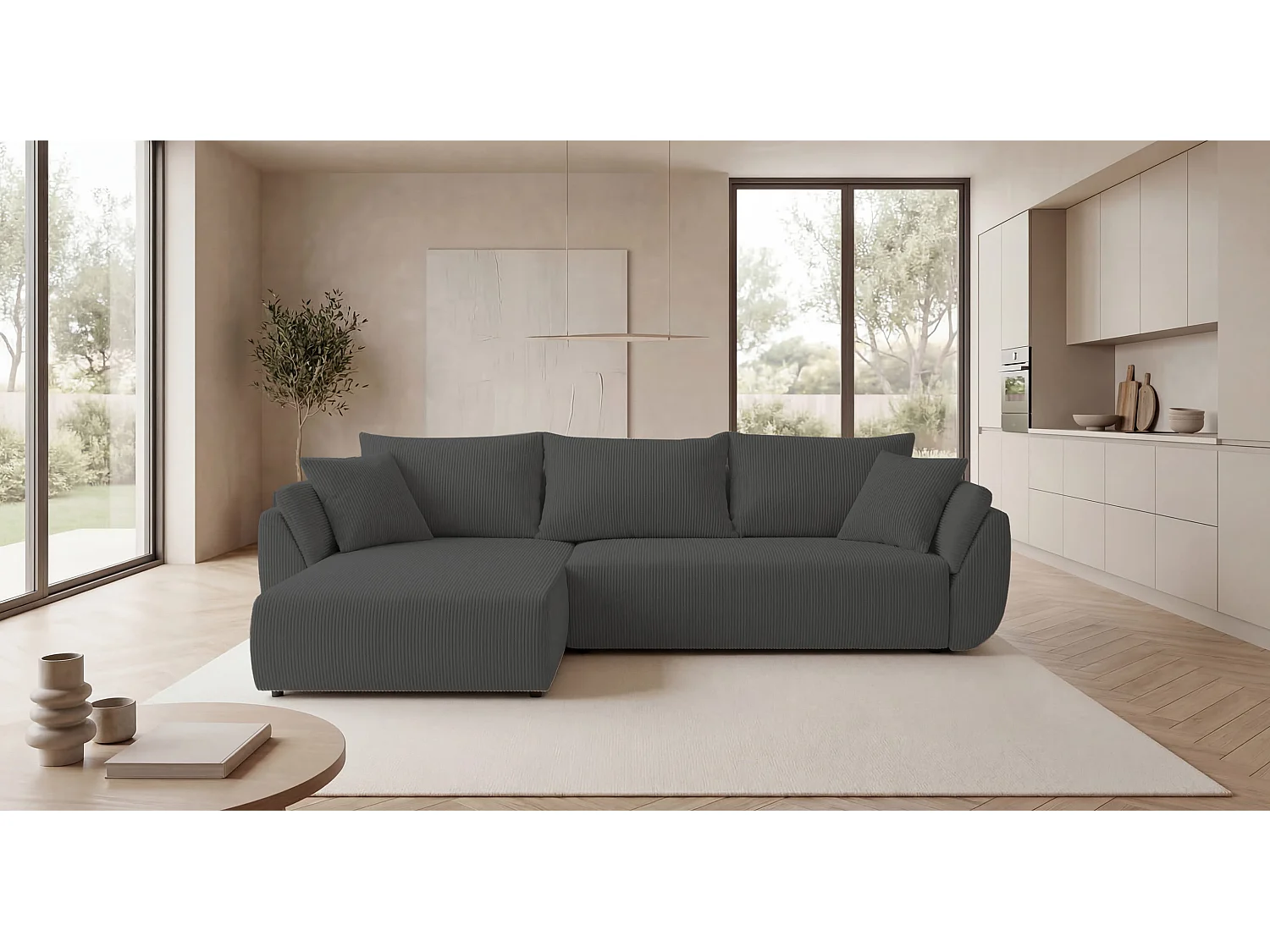 Hoekbank SYDNEY links donkergrijs ribfluweel Poso 60 - slaapfunctie, bedkist