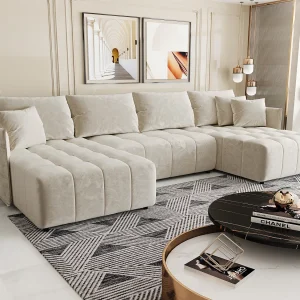 Hoekbank CHICAGO U-vorm beige velours Monolith 2 – slaapfunctie, bedkist