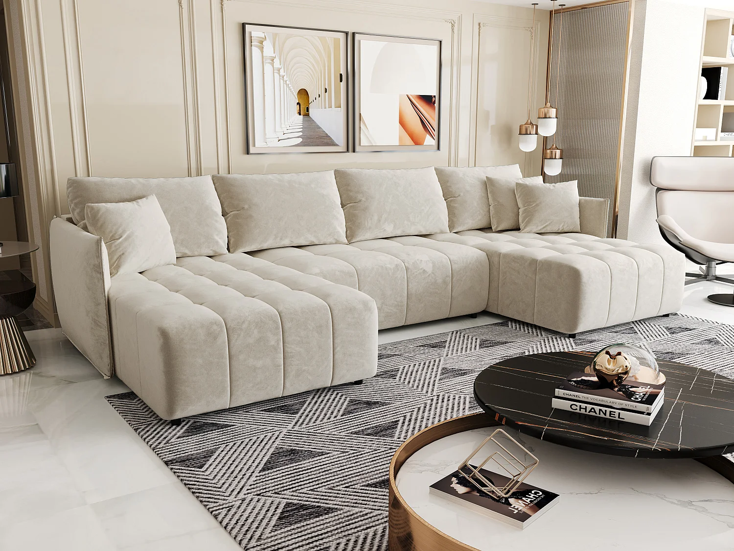 Hoekbank CHICAGO U-vorm beige velours Monolith 2 - slaapfunctie, bedkist
