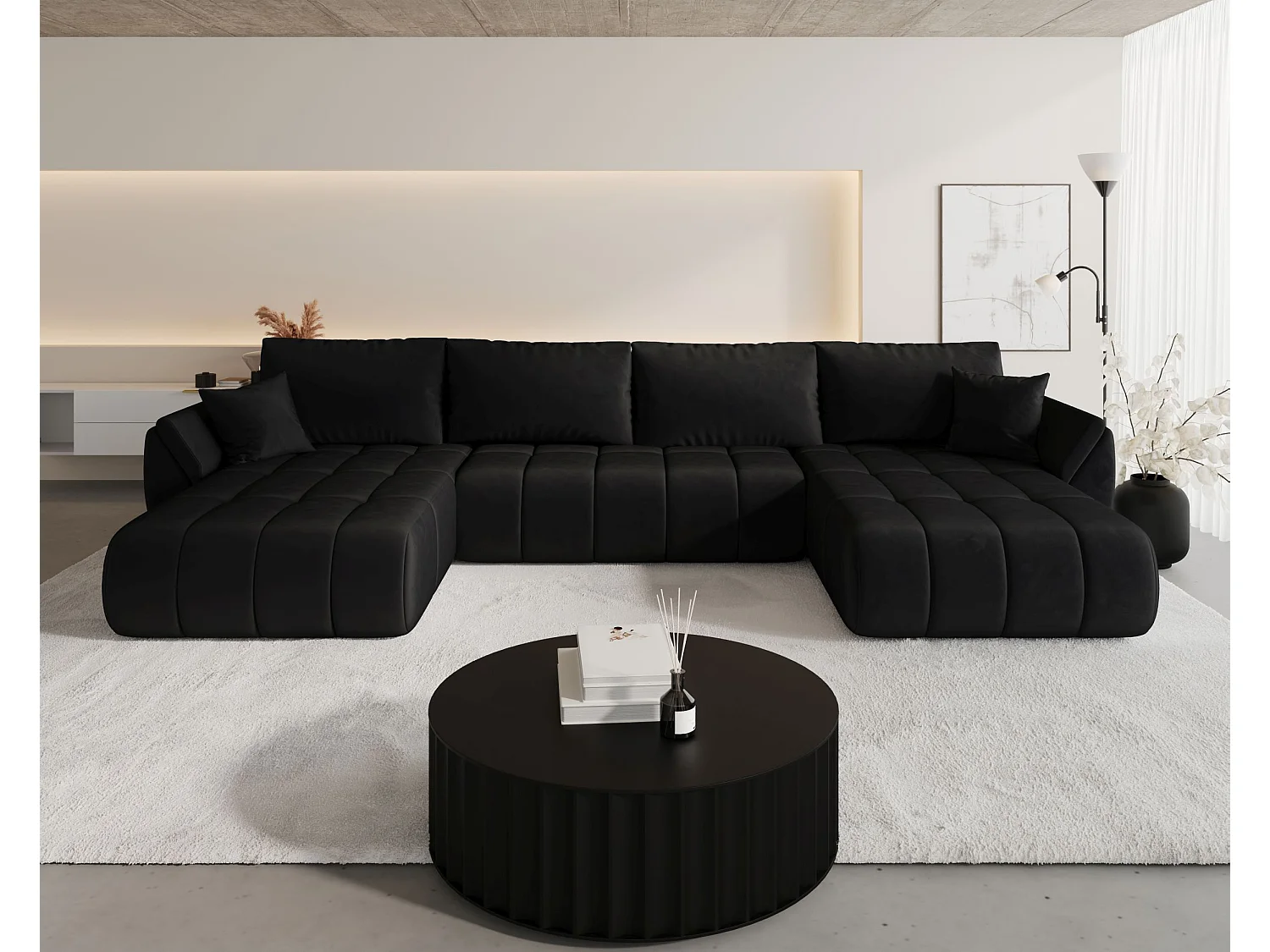 Hoekbank SYDNEY PREMIUM U-vorm zwart velours Monolith 97 - slaapfunctie, bedkist