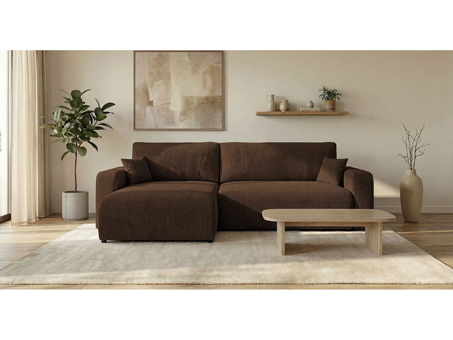 Hoekbank BERLIN links bruin ribfluweel Poso 6 - slaapfunctie, bedkist