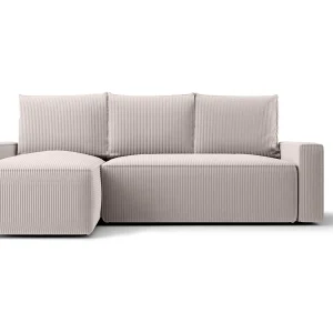 Hoekbank HAVANA links wit ribfluweel Poso 100 – slaapfunctie, bedkist