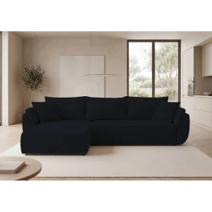 Hoekbank SYDNEY links zwart ribfluweel Poso 135 – slaapfunctie, bedkist