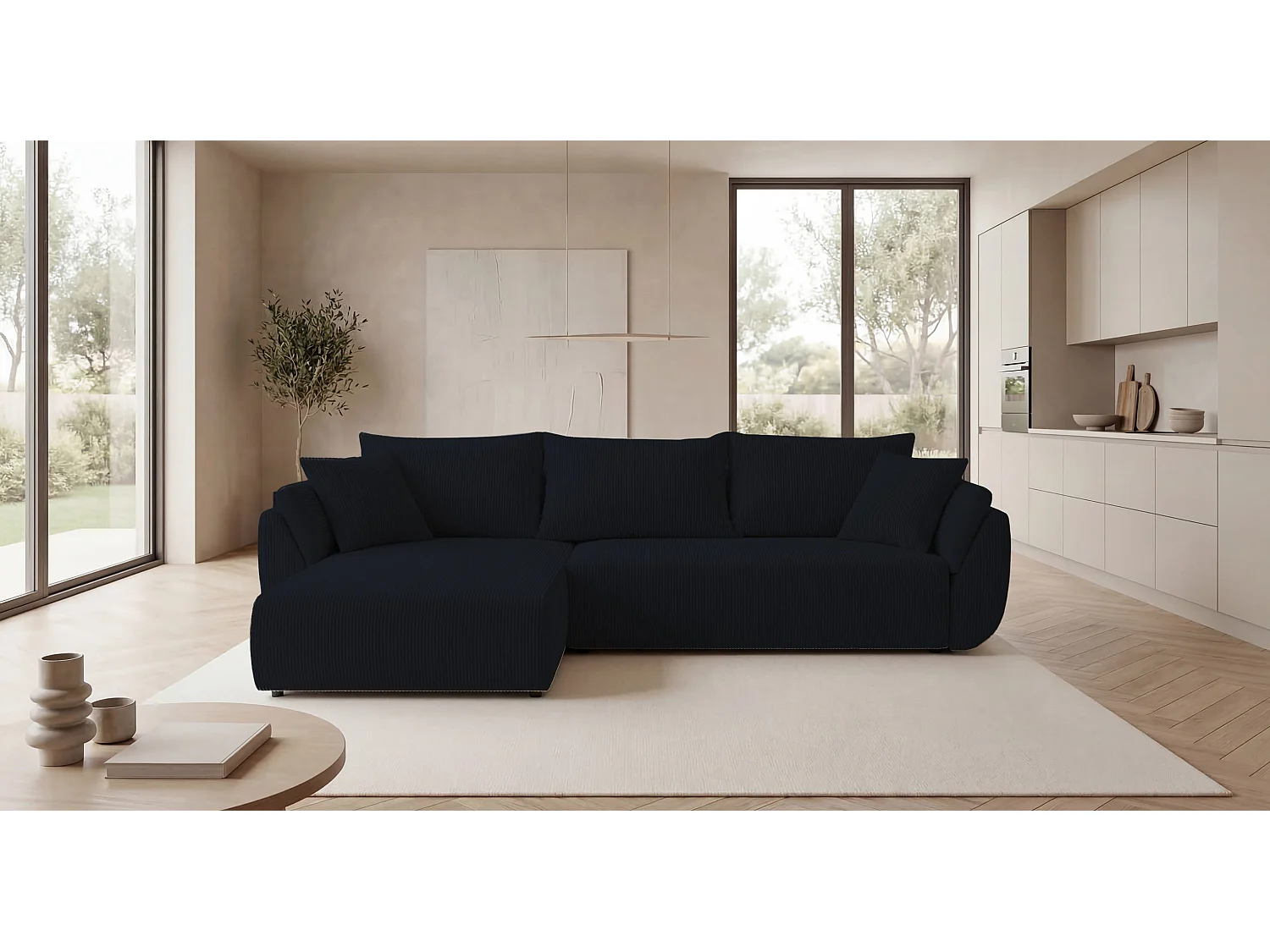 Hoekbank SYDNEY links zwart ribfluweel Poso 135 - slaapfunctie, bedkist