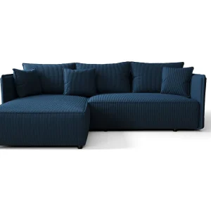 Hoekbank MILANO links donkerblauw ribfluweel Poso 5 – slaapfunctie, bedkist Hoekbank MILANO links donkerblauw ribfluweel Poso 5 – slaapfunctie, bedkist