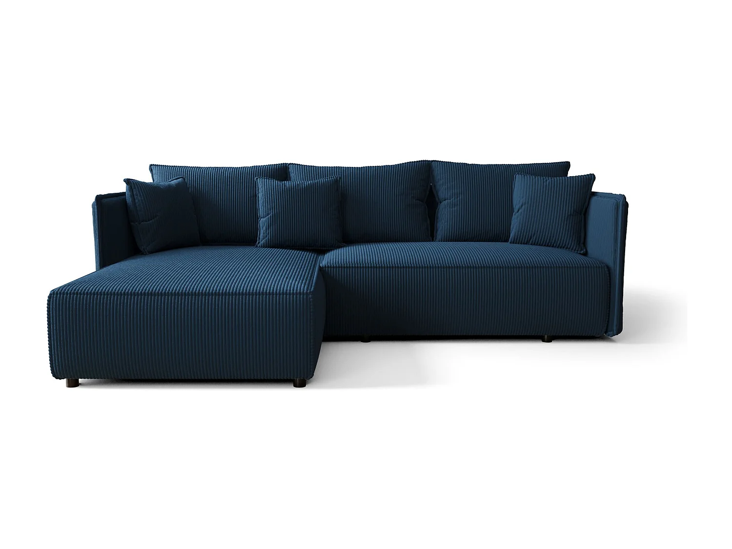 Hoekbank MILANO links donkerblauw ribfluweel Poso 5 - slaapfunctie, bedkist
