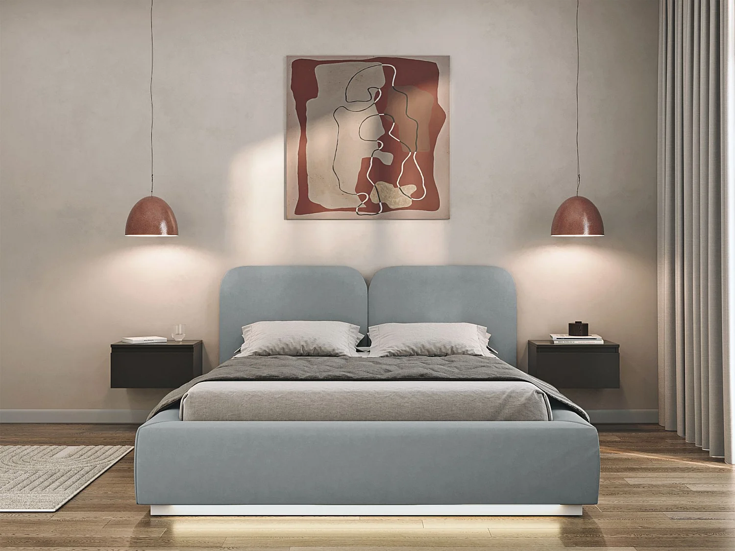 Gestoffeerd bed 140x200 met velours bekleding – LED – Grijs – COMOVES