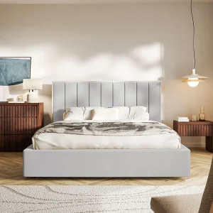 Gestoffeerd bed 140×200 – velours en bedbox – lichtgrijs – TOGENTS Gestoffeerd bed 140×200 – velours en bedbox – lichtgrijs – TOGENTS