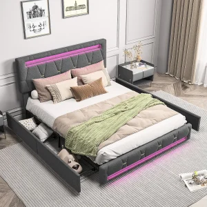 Gestoffeerd Tweepersoonsbed Grijs 140x200cm met 4 Laden, Ingebouwde LED en Verstelbare Hoofdbordhoogte Gestoffeerd Tweepersoonsbed Grijs 140x200cm met 4 Laden, Ingebouwde LED en Verstelbare Hoofdbordhoogte