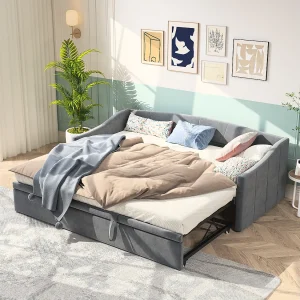 Fluweel Daybed Logeerbed met Lattenbodem – Ruimtebesparend Multifunctioneel Slaapbank – 90/180x200cm