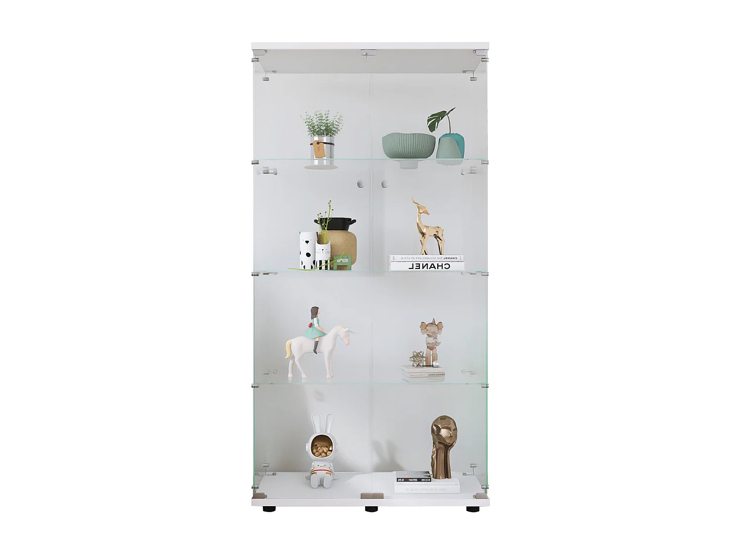 Glazen vitrinekast met ledverlichting, Glazen vitrinekast met slot, Collectiekast, 2 deuren, 4 planken, 80 x 36 x 164 cm, Wit