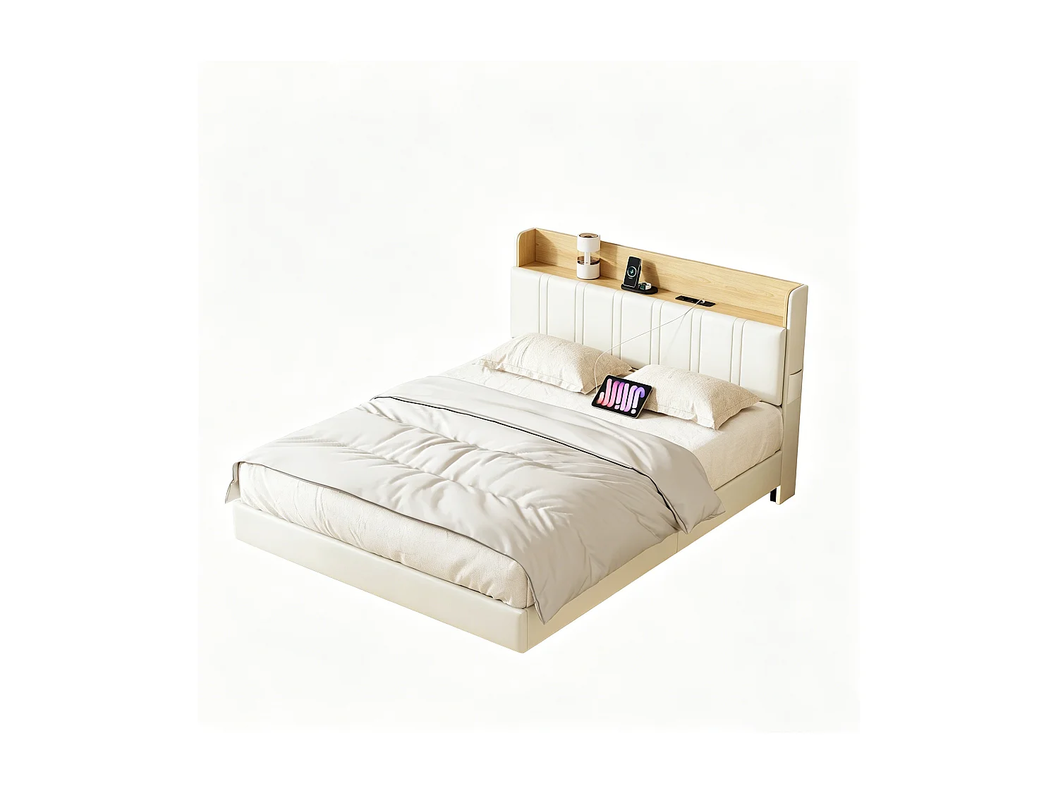 Gestoffeerd tweepersoonsbed 140x200cm - Zwevend bedframe met ledverlichting en USB-poort - Tweepersoonsbed met opbergruimte - Tweepersoonsbed - Wit