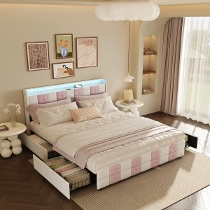 Gestoffeerd Bedframe met LED RGB-verlichting, USB-poorten, Ruime Opberglades – Wit/Roze – Modern Design Gestoffeerd Bedframe met LED RGB-verlichting, USB-poorten, Ruime Opberglades – Wit/Roze – Modern Design
