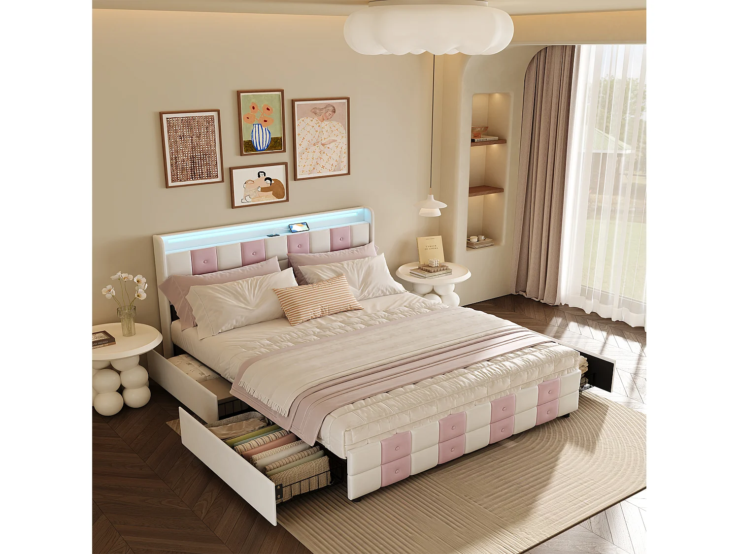 Gestoffeerd Bedframe met LED RGB-verlichting, USB-poorten, Ruime Opberglades - Wit/Roze - Modern Design