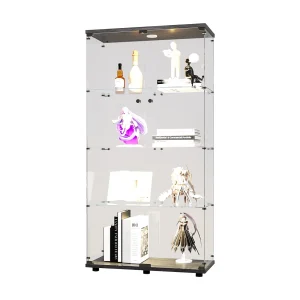 Glazen vitrinekast – Collectiekast met deuren – LED-verlichting – 2 deuren, 4 planken – 80,5 × 36,5 × 164 cm – Zwart Glazen vitrinekast – Collectiekast met deuren – LED-verlichting – 2 deuren, 4 planken – 80,5 × 36,5 × 164 cm – Zwart
