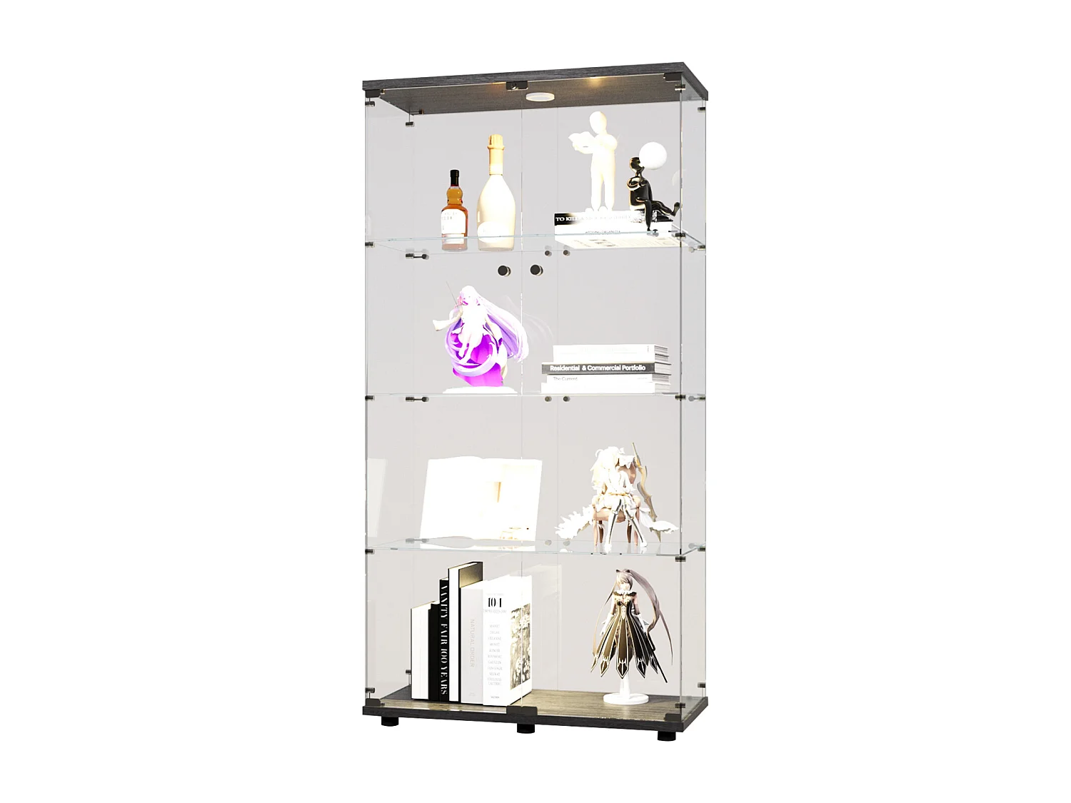 Glazen vitrinekast - Collectiekast met deuren - LED-verlichting - 2 deuren, 4 planken - 80,5 × 36,5 × 164 cm - Zwart