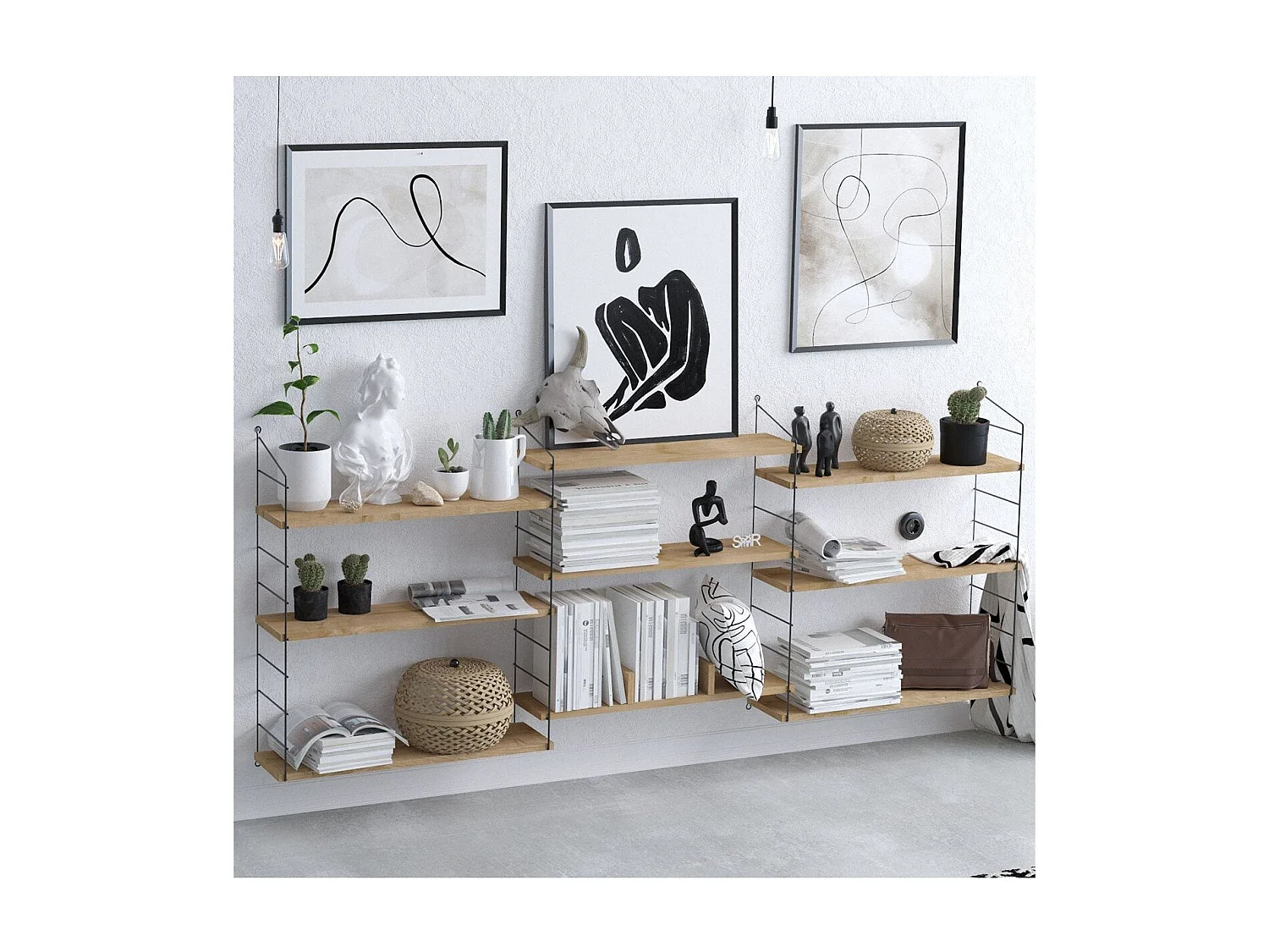 Hangende wandplank 9 planken eikenhouten decor L216 cm - Laba