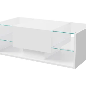 Glanzende salontafel met ledverlichting, woonkamertafel met open displayplank en 1 lade, moderne stijl, wit