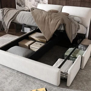 Gestoffeerd bed 140×190 cm – met drie lades – sommier met spijlen – fluweel – beige (matras niet inbegrepen) Gestoffeerd bed 140×190 cm – met drie lades – sommier met spijlen – fluweel – beige (matras niet inbegrepen)