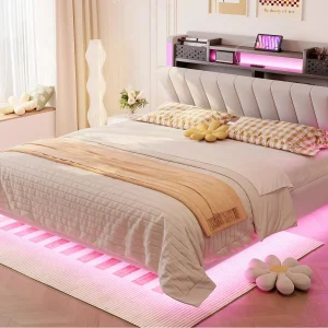 Gestoffeerd bed 140x200cm – Multifunctioneel hoofdeinde – met LED-licht en USB-poort – zwevend design – Beige Gestoffeerd bed 140x200cm – Multifunctioneel hoofdeinde – met LED-licht en USB-poort – zwevend design – Beige