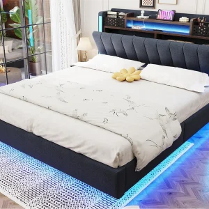 Gestoffeerd bed 140x200cm – Multifunctioneel hoofdeinde – met LED-licht en USB-poort – zwevend design – Grijs Gestoffeerd bed 140x200cm – Multifunctioneel hoofdeinde – met LED-licht en USB-poort – zwevend design – Grijs