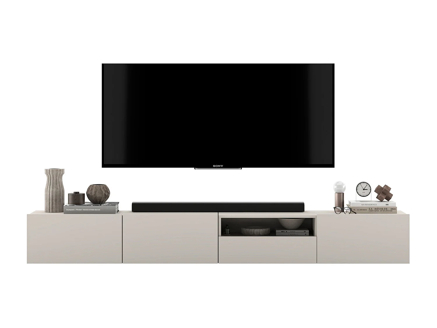 Hangend tv-meubel met 3 deuren en nis, lade - kast Cachemire mat, fronten Cachemire mat - 240 cm