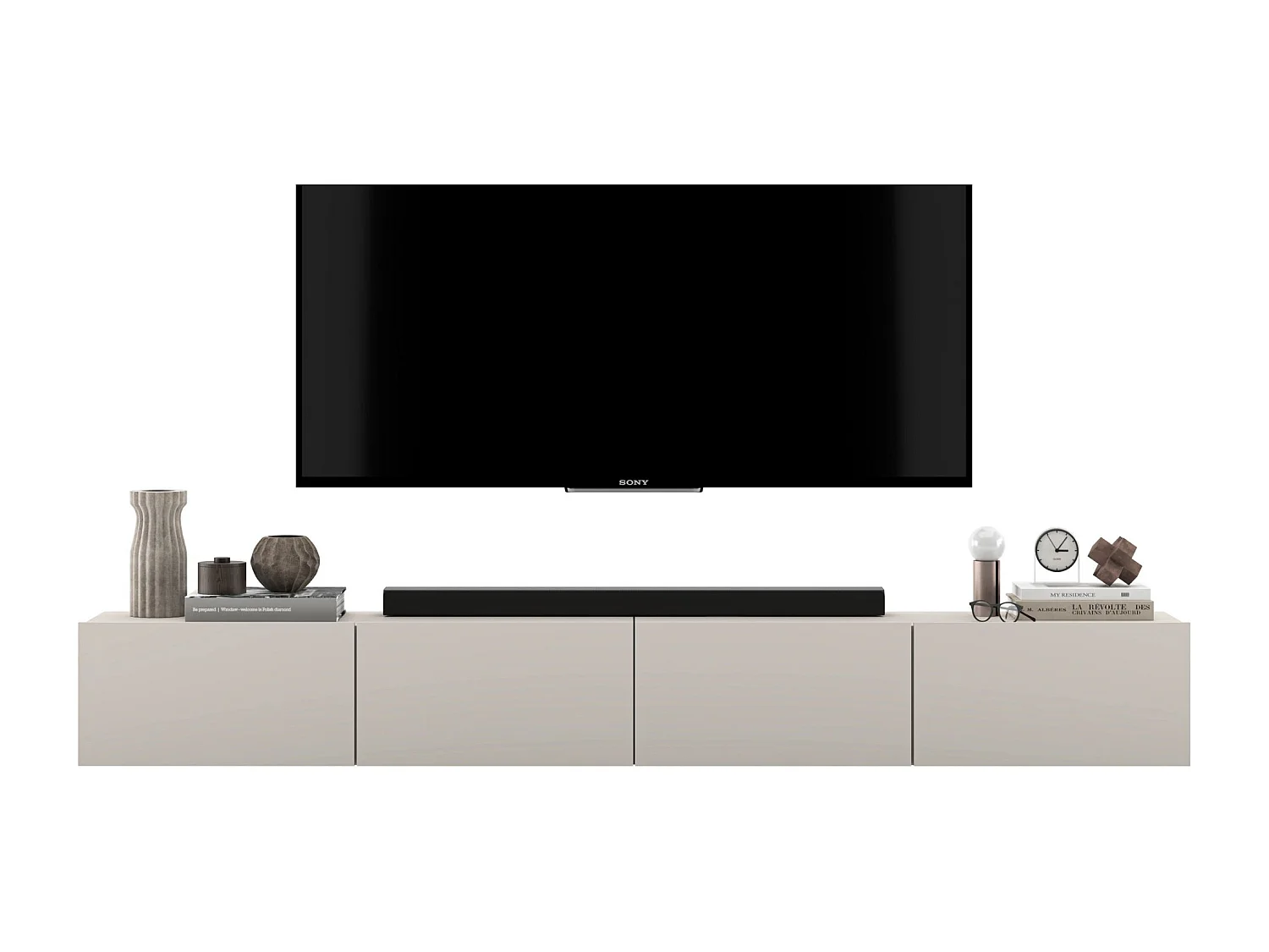 Hangend TV-meubel met 4 deuren - romp kasjmier mat, fronten kasjmier mat - 240 cm