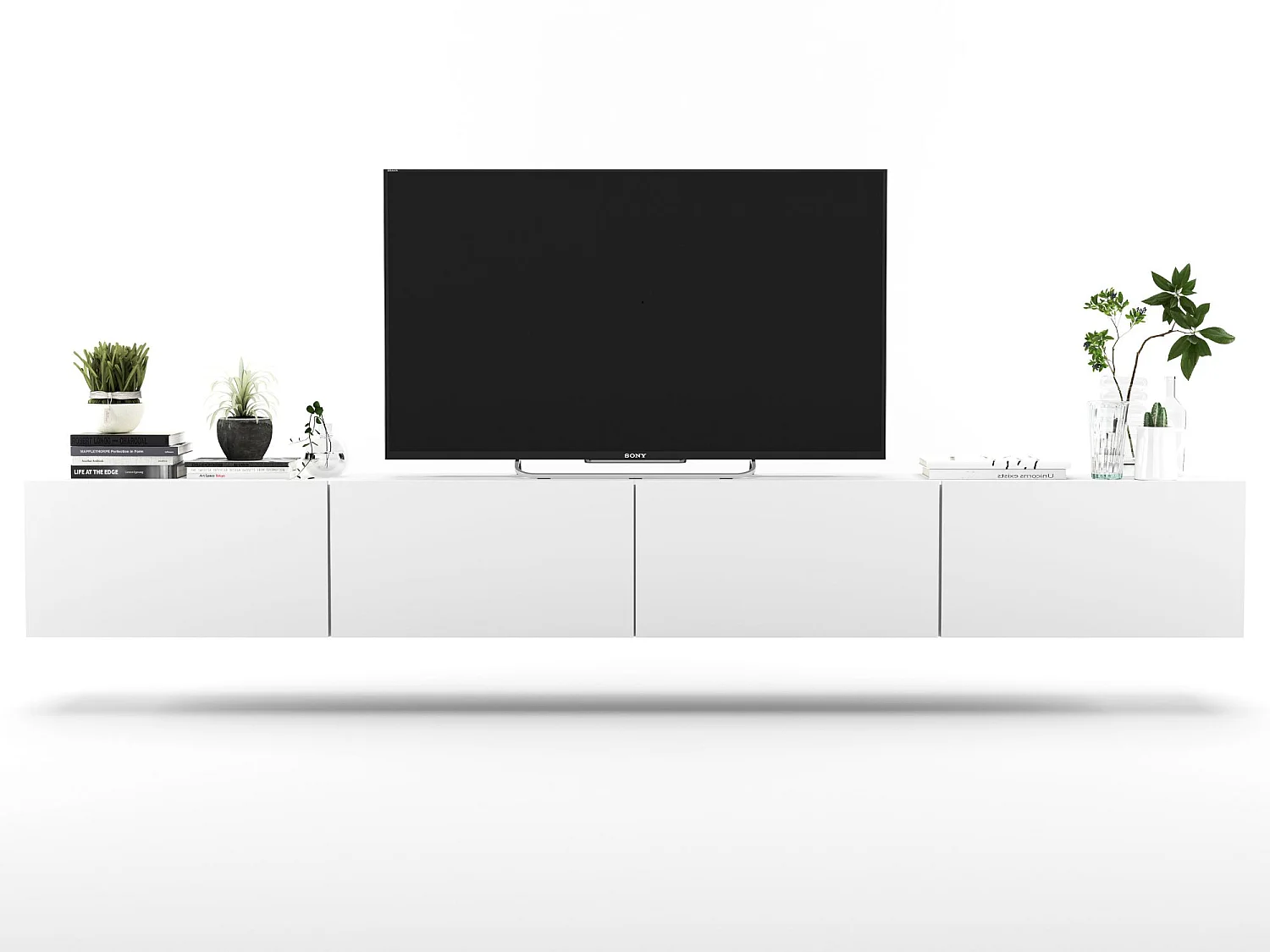 Hangend tv-meubel met 4 deuren - Romp mat wit, fronten mat wit - 240 cm