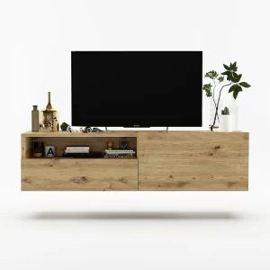 Hangend tv-meubel met 1 deur, nis en lade – Mat artisan eiken korpus, mat artisan eiken fronten – 120 cm Hangend tv-meubel met 1 deur, nis en lade – Mat artisan eiken korpus, mat artisan eiken fronten – 120 cm